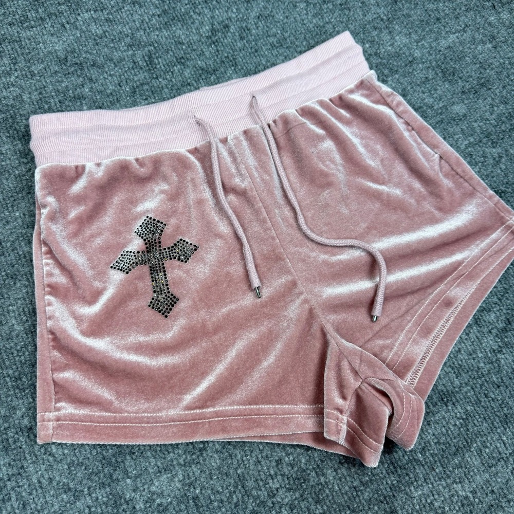 Y2K Romwe Pink Velour‎ Shorts Rhinestone Cross Drawstring Waist Casual Lounge